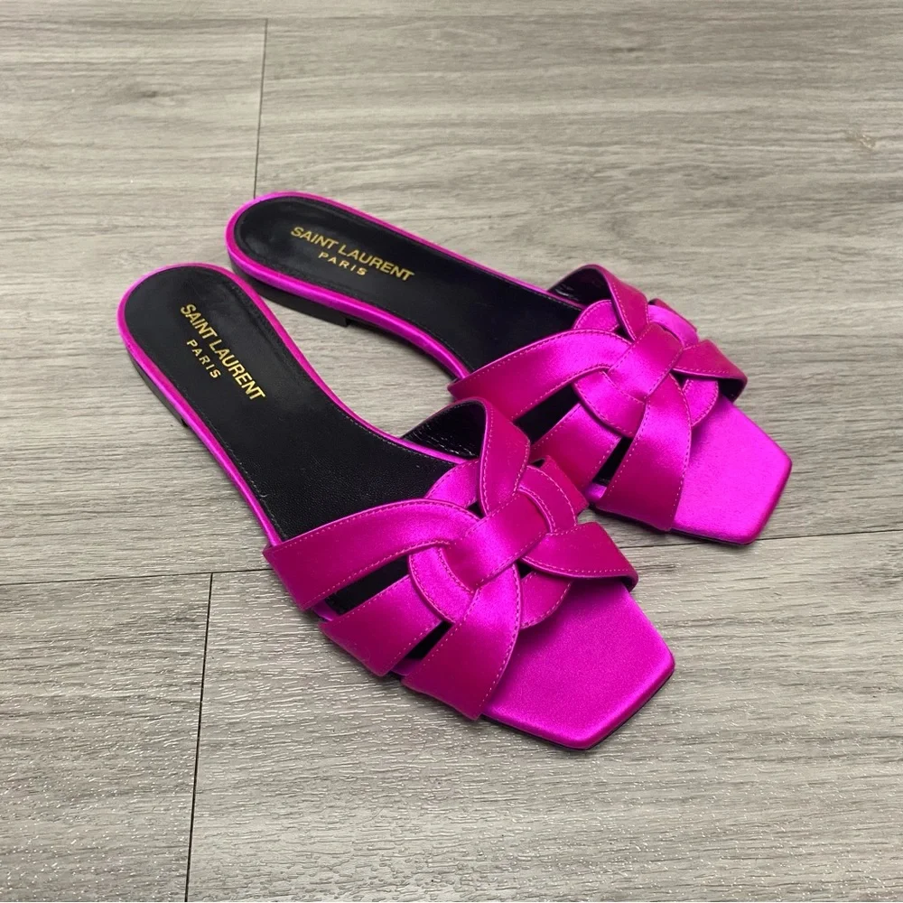 RARE Like New Saint Laurent Fuchsia Satin Nu Pieds Slide Sandals size 37.5 - Picture 4 of 9